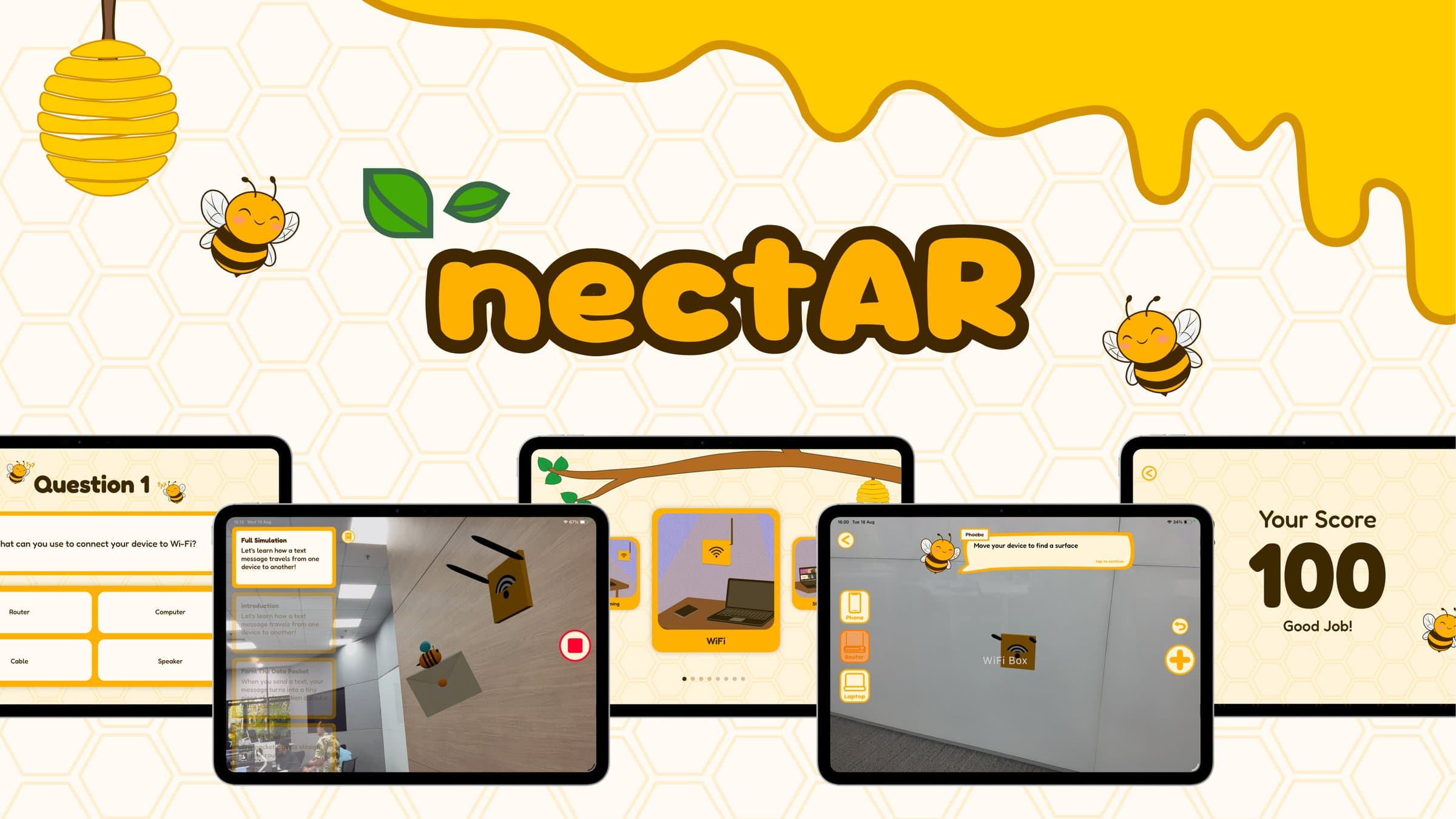 nectAR poster with honeycomb branding and five iPad screens showing the quiz, the AR placement view, and the score screen.