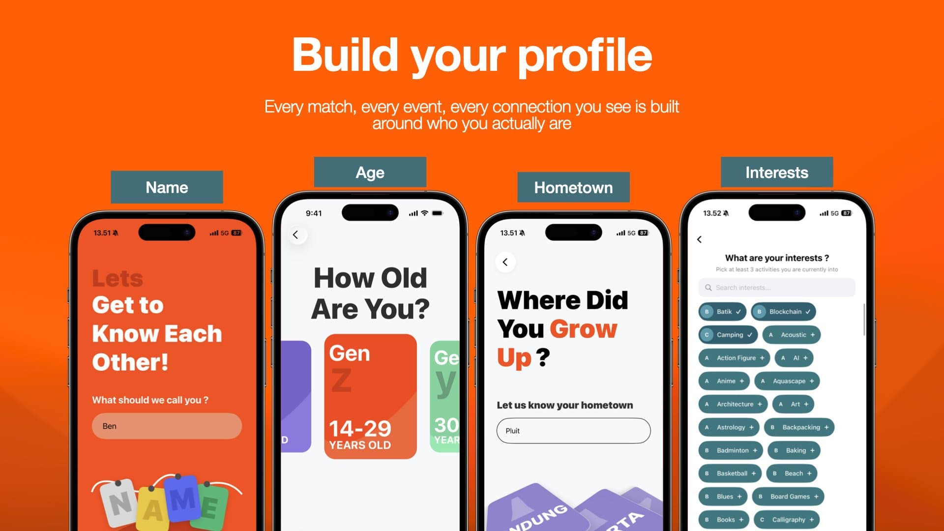 Four iPhone screens covering profile setup: name, age range, hometown, and interest picker.