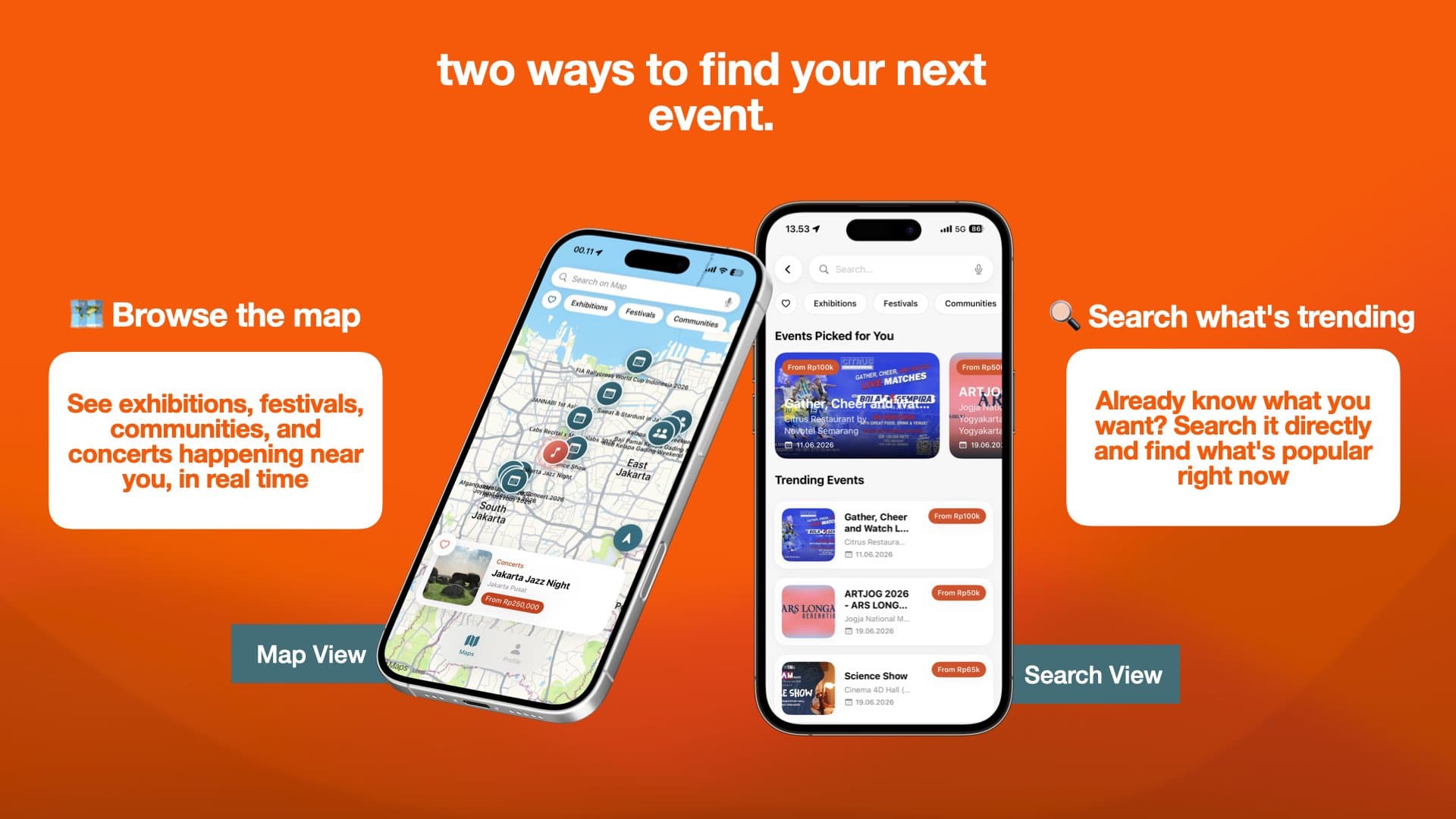 Two iPhone screens for finding events, a live map of nearby exhibitions and festivals beside a trending search list.