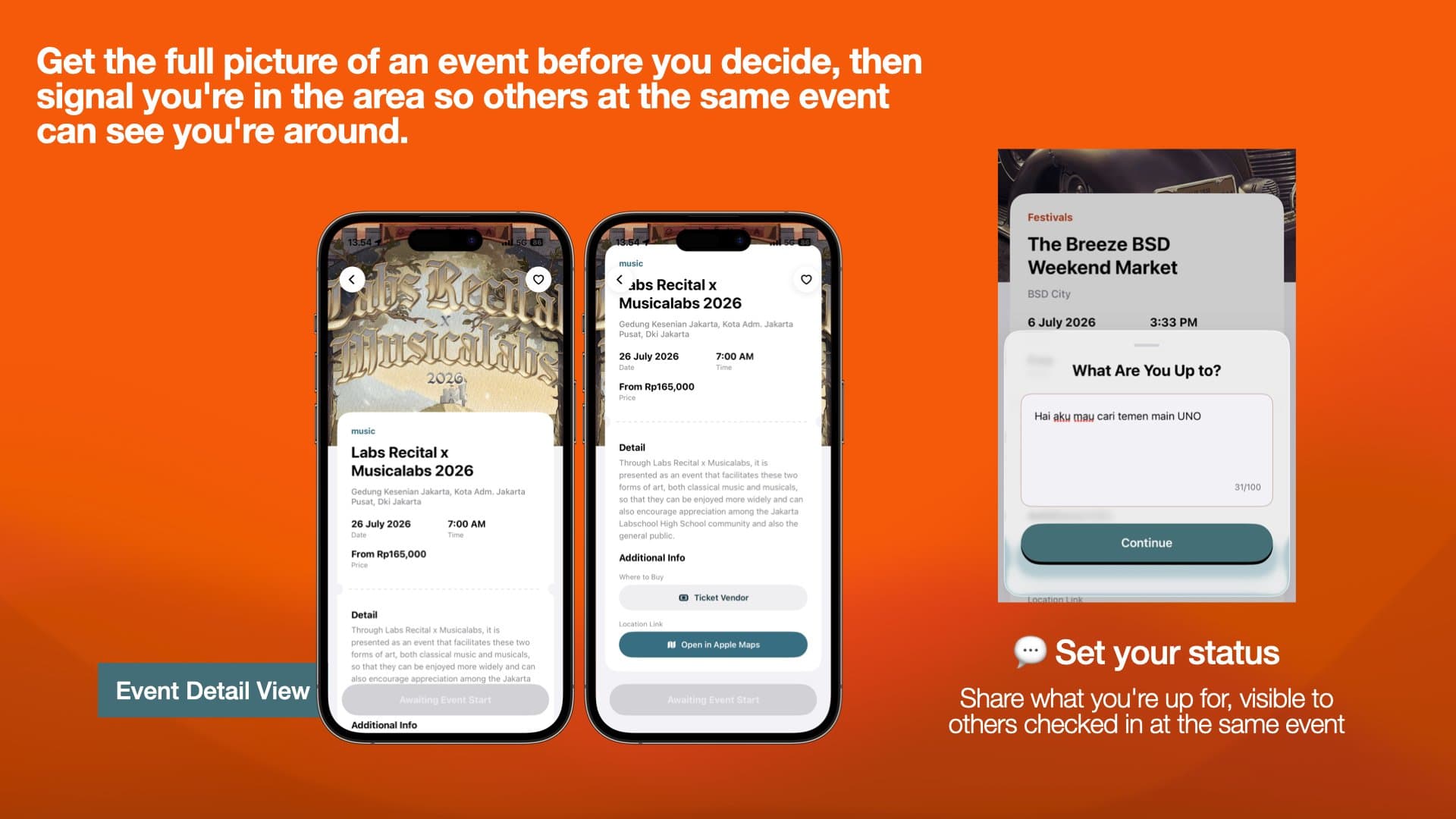 Event detail screens for a Jakarta music recital, alongside a status composer for people checked in at the same event.