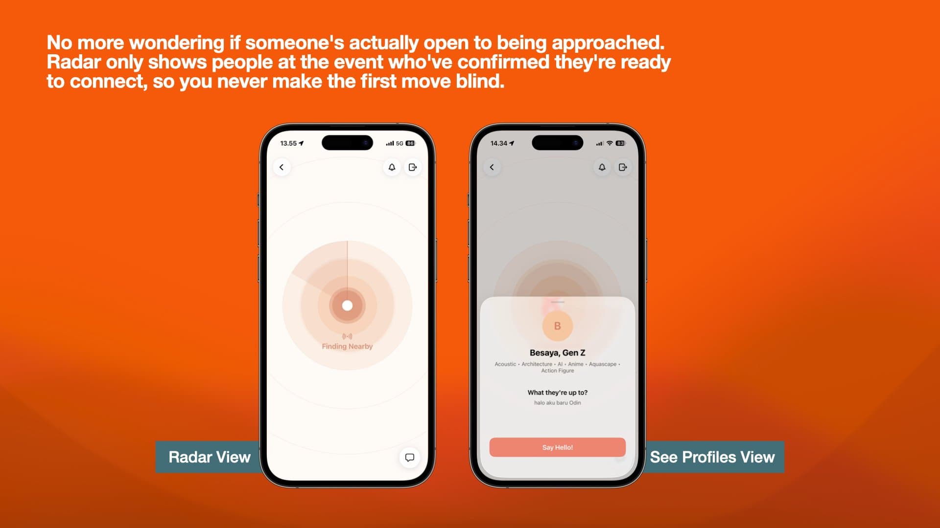 Radar view scanning for nearby people beside a profile card with a Say Hello button.