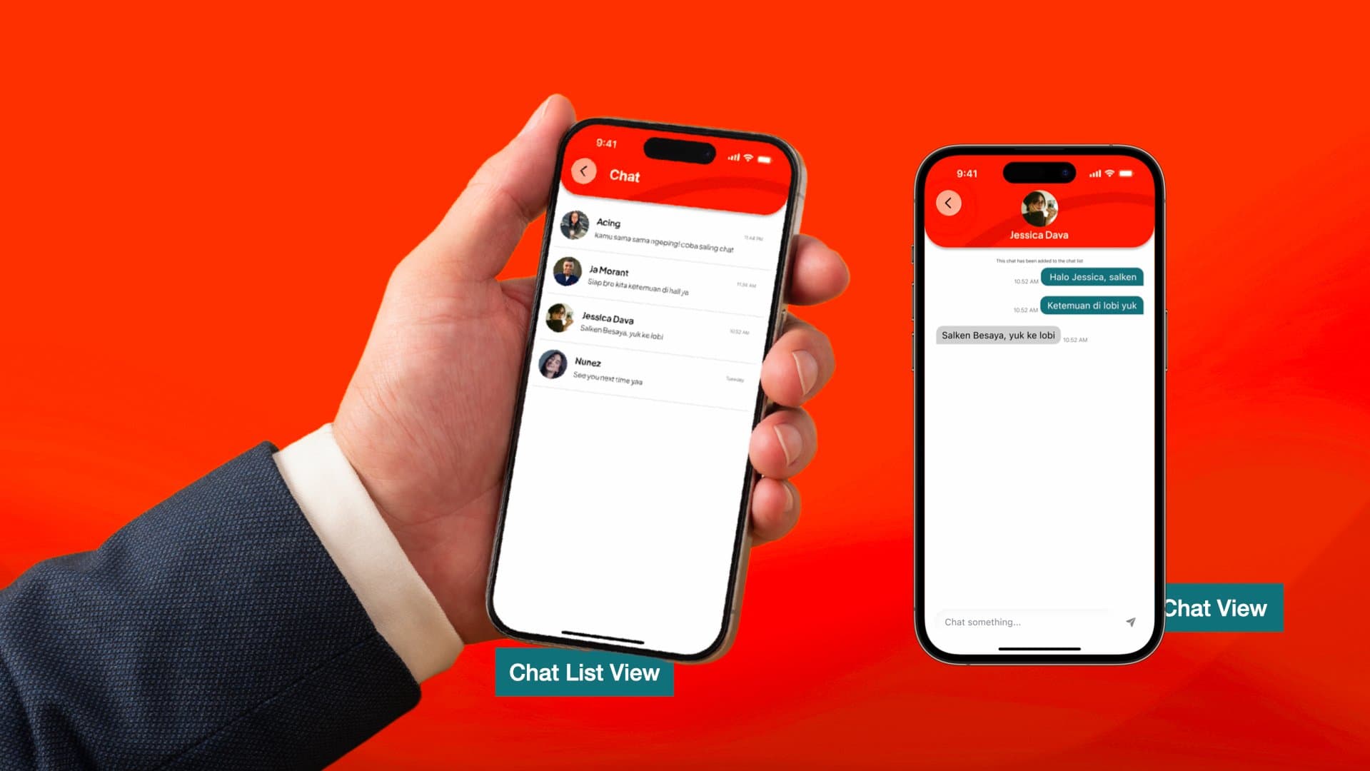 Chat list and an open conversation in the app, one screen shown held in hand.