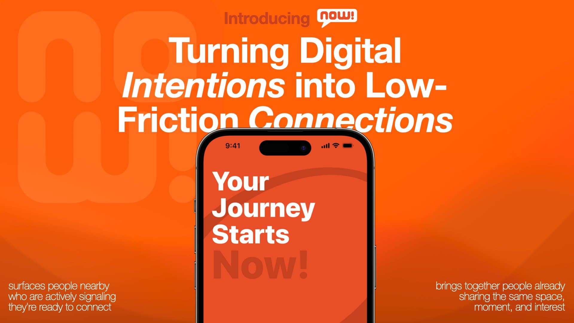 NOWI launch poster in the app's orange branding, with an iPhone showing the Your Journey Starts Now welcome screen.