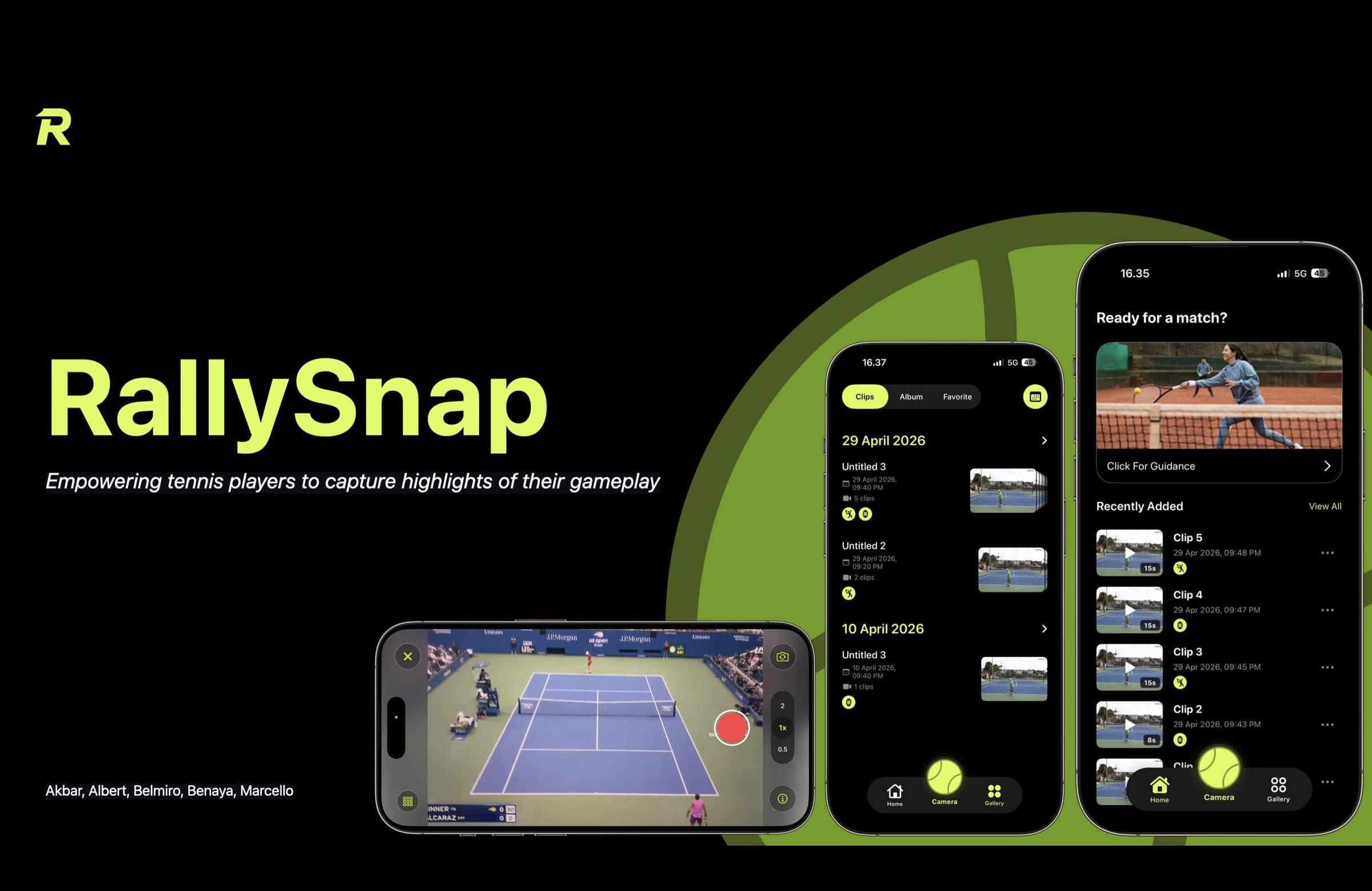 RallySnap poster on black with lime green branding and three iPhone screens showing the capture view, clip library, and home feed.