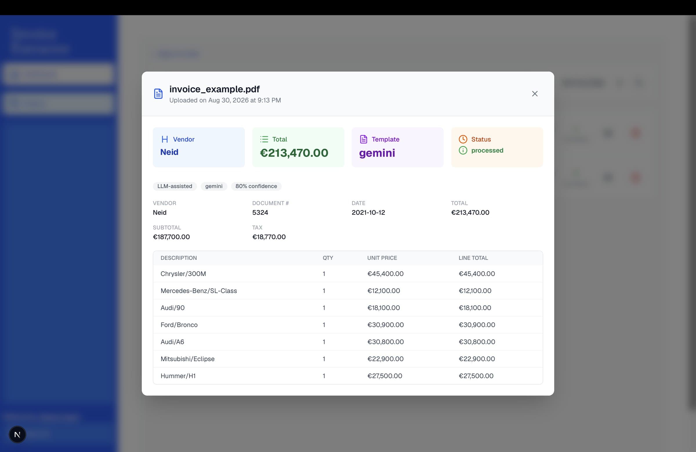 Extraction detail for a processed invoice showing vendor, total, confidence score, and the parsed line item table.