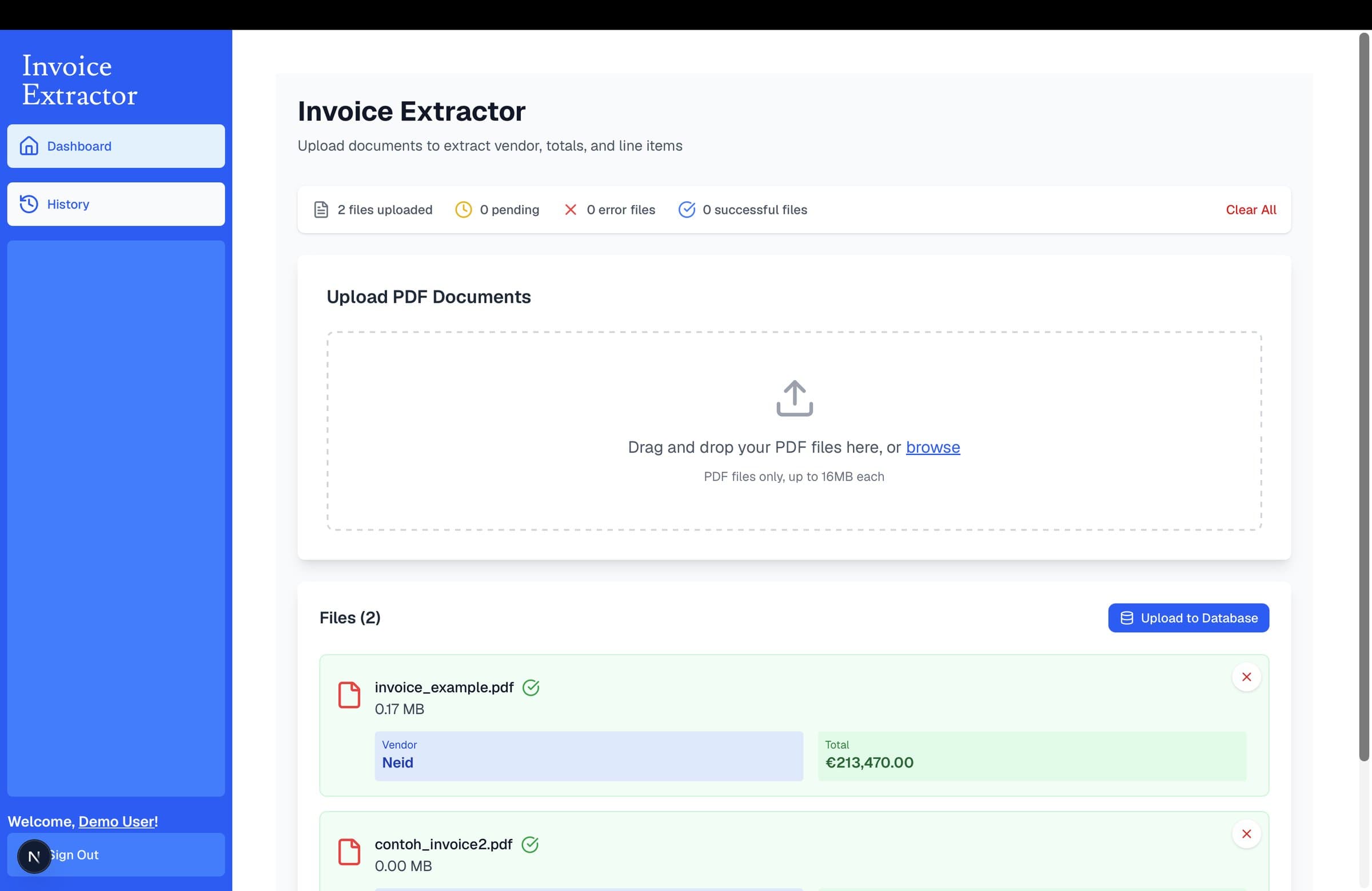 Invoice Extractor dashboard with a PDF drop zone and two processed files showing extracted vendor and total.